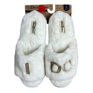 Dearfoams Scuff Slippers L (9-10) NWT White Bride I DO Faux Fur Memory Foam